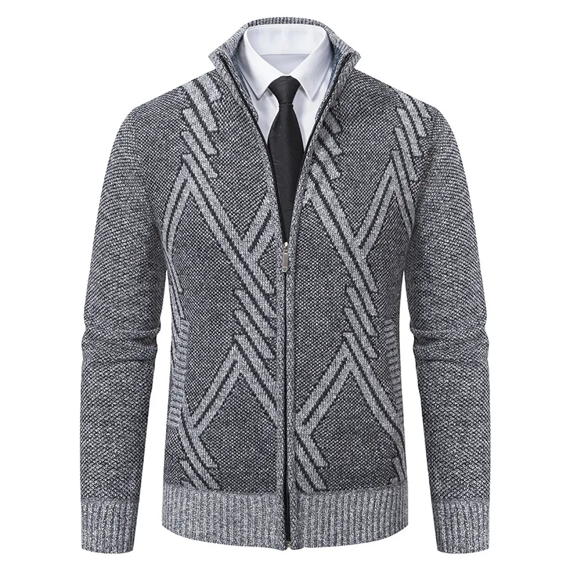 

2024 Luxury Fashion New Spring and Autumn Plush Large Men's Checkered Casual Stand up Collar Cardigan Long Sleeve Sweater Coat