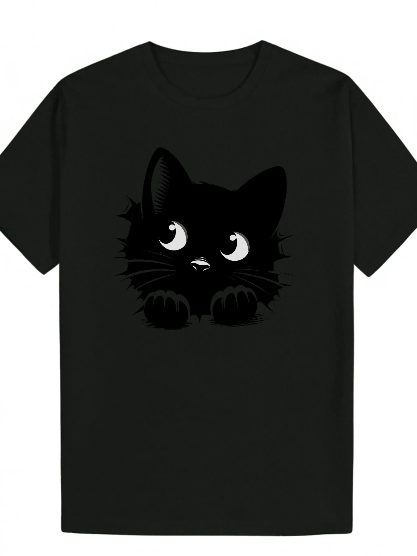 

Men'S Casual Black White Cat Round Neck Graphic T-Shirt