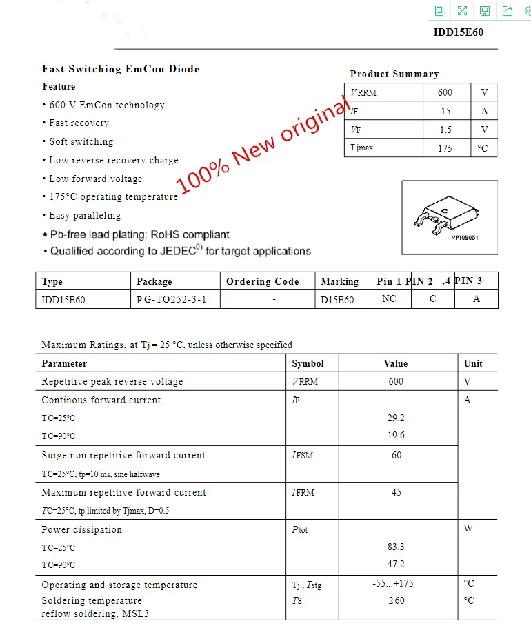 10Pcs/lot IDD15E60 Marking: D15E60 TO-252 Fast Switching EmCon Diode 600V/15A 100% New original