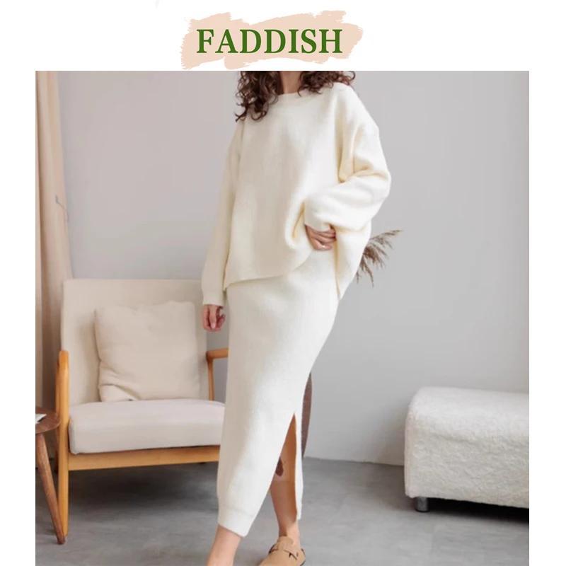 FADDISH 2024 Autumn Women Fashion Round Collar Long Sleeves Cardigan Knit Sweater + Solid Color Casual Split Skirt Set Female