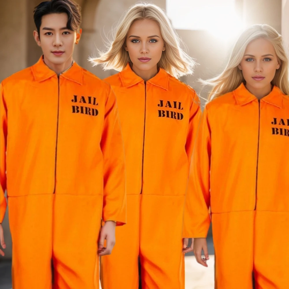 Unisex Prisoner Jumpsuit Suit Sleeve Prison Jumpsuit Cosplay Halloween Carnival Party Outfits Criminal Jailbird Inmate Bodysuit