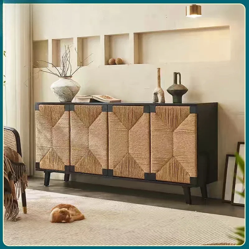 Medieval wabi-sabi wind solid wood, household side cabinet, braided rattan cabinet