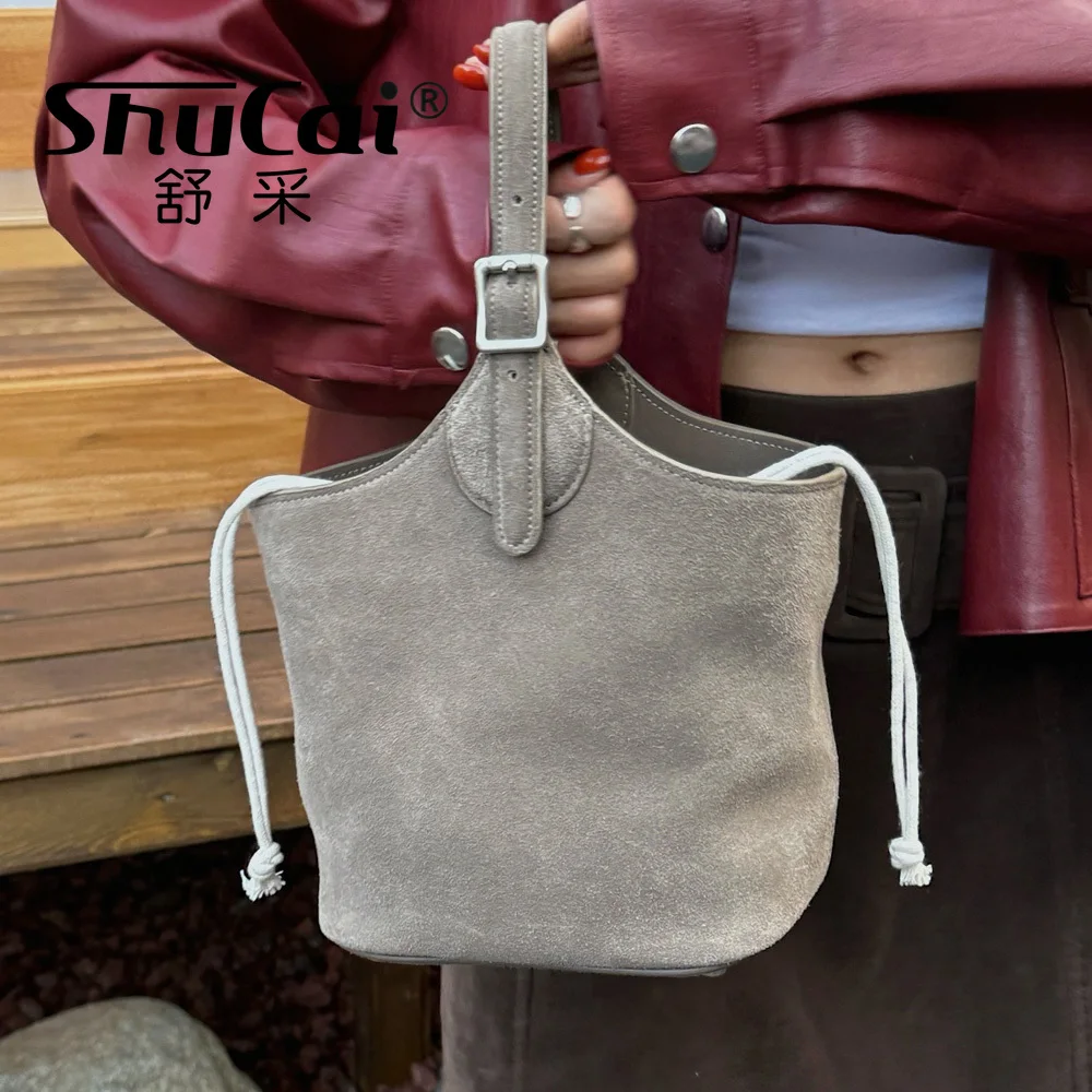 Outono inverno feminino pequeno balde tote camurça couro de vaca ombro crossbody sacos fosco senhoras bolsa designer luxo