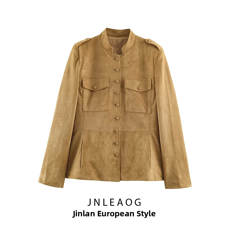 JNLEAOG Autumn New Casual Comfortable round Neck Button up Jacket Women's Outerwear Polyester Fiber Standard Fit Long Sleeve