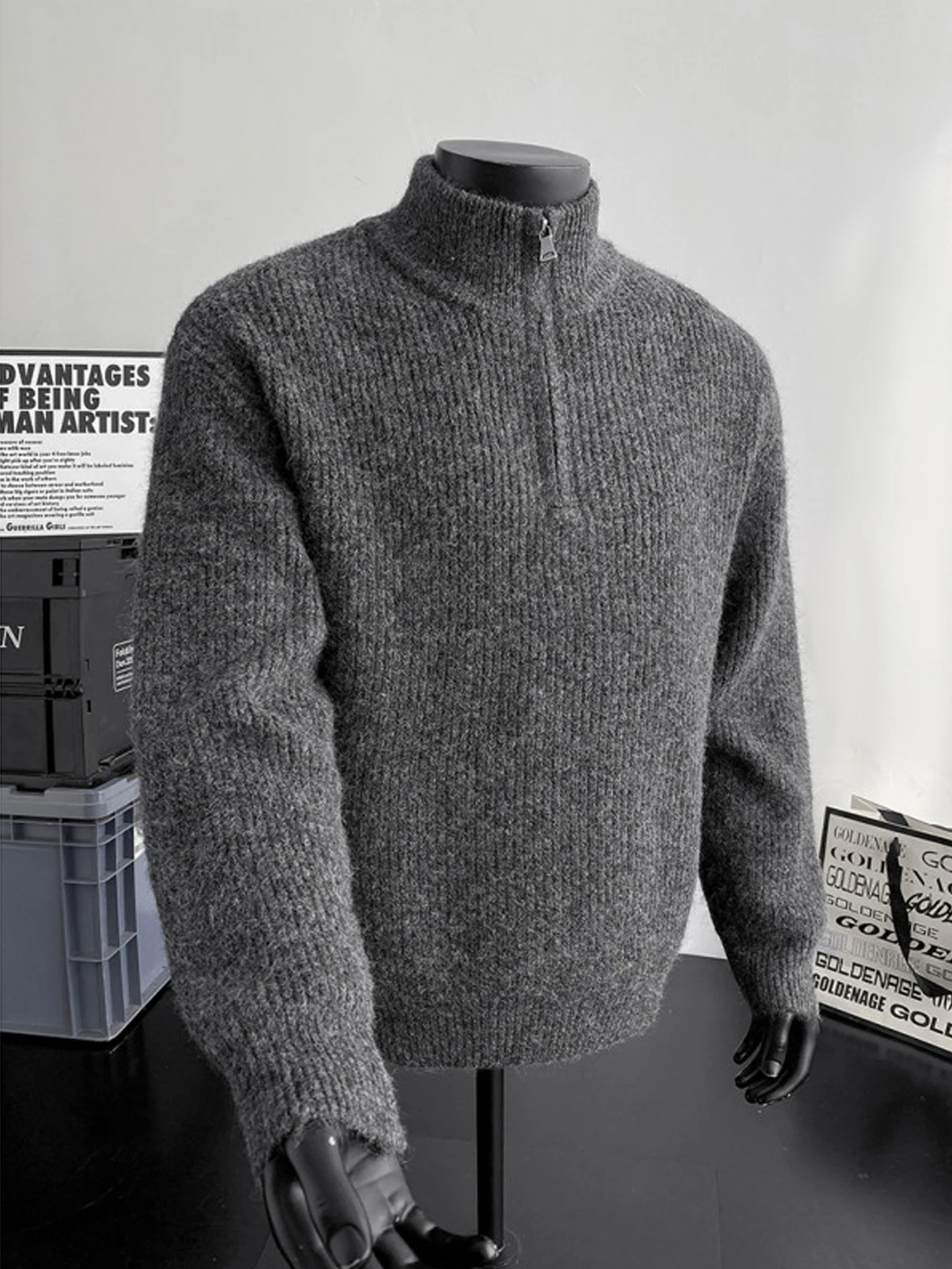 

Мужской трикотажный свитер с воротником-стойкой на молнии, повседневный базовый слой, в американском ретро-стиле, свободного кроя, с длинными рукавами, осень-зима