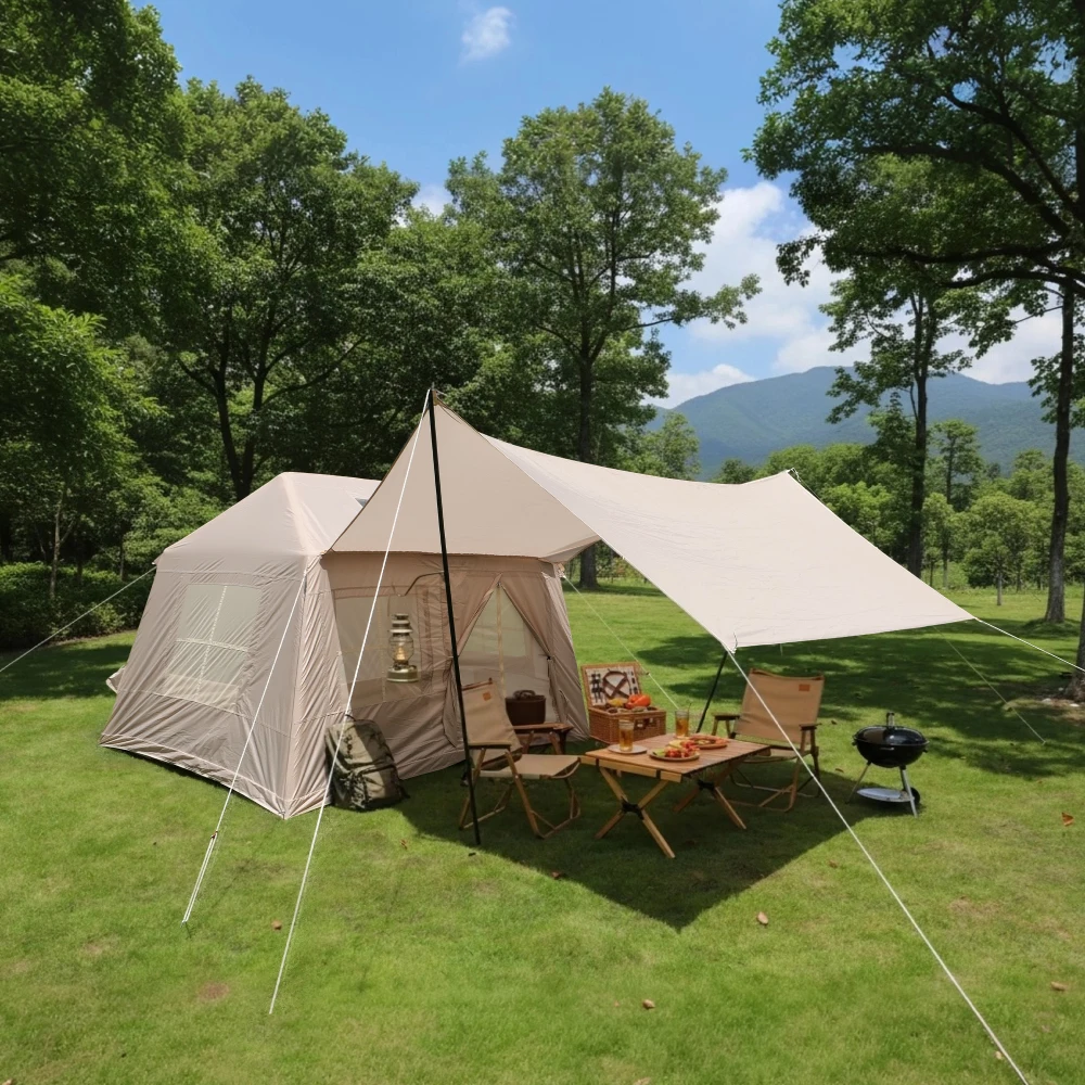 Outdoor Cotton Inflatable Camping Tent, Spacious Interior, Upgraded Quality, 5.72 Square Meters, Quick and Easy To Set Up, Windproof All Year Round, with Mesh Windows and An Air Pump for Good Ventilation.