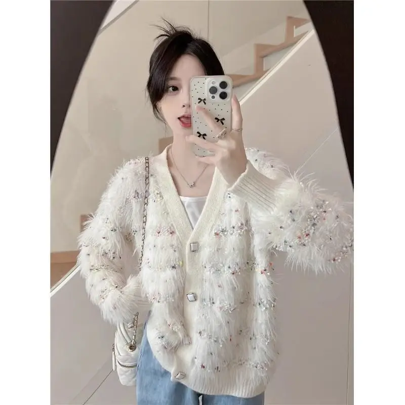 Gaganight Women V neck Small Fragrant Knitted Cardigan 2024 Autumn Winter New Korean Chic Large Sweet Hairy Coat Female Coat image 3