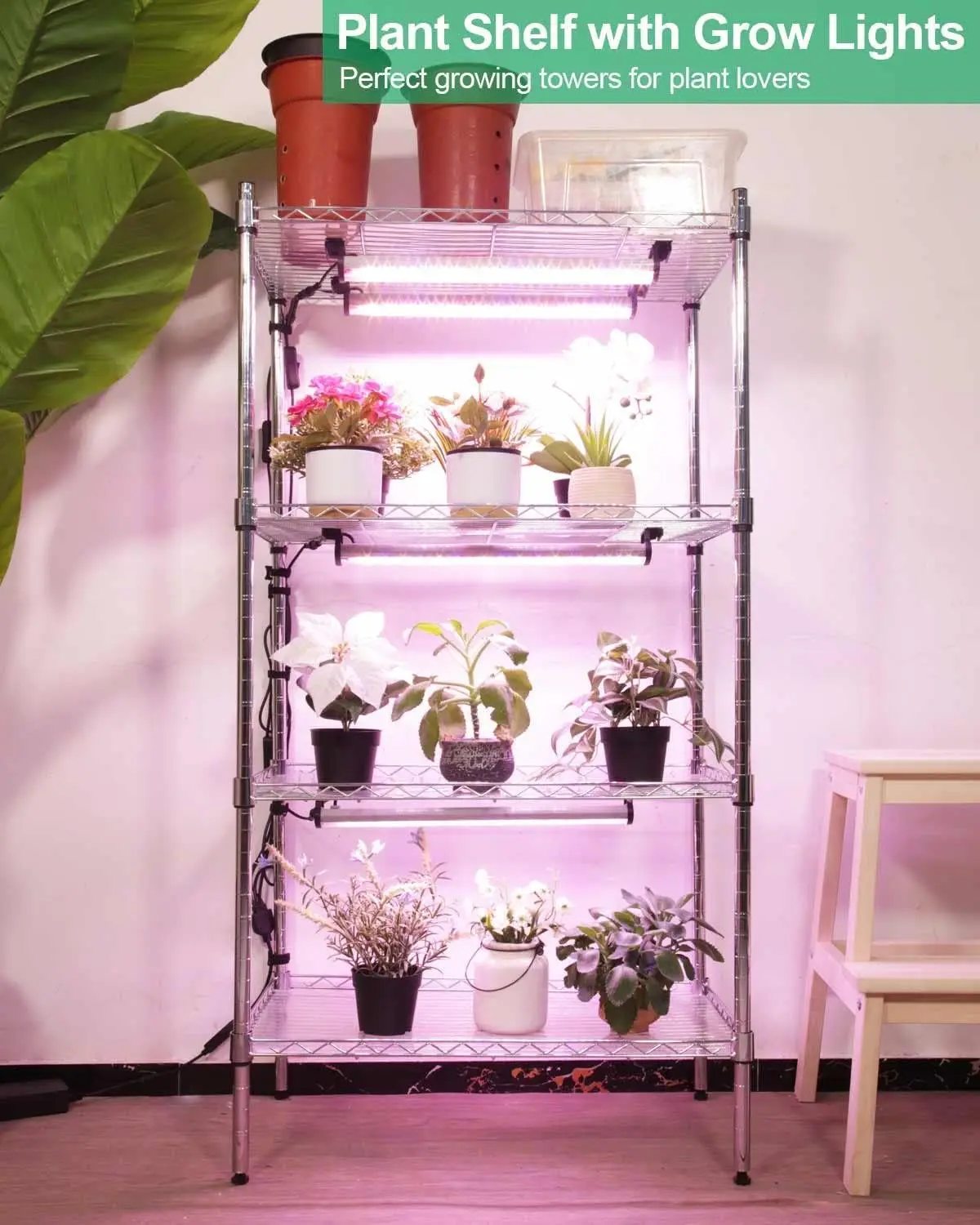 Dommia Plant Shelf With Grow Lights, 4-Tier Metal Plant Stand With 80W Dimmable Strips, Adjustable Grow Shelf With Timer Grow