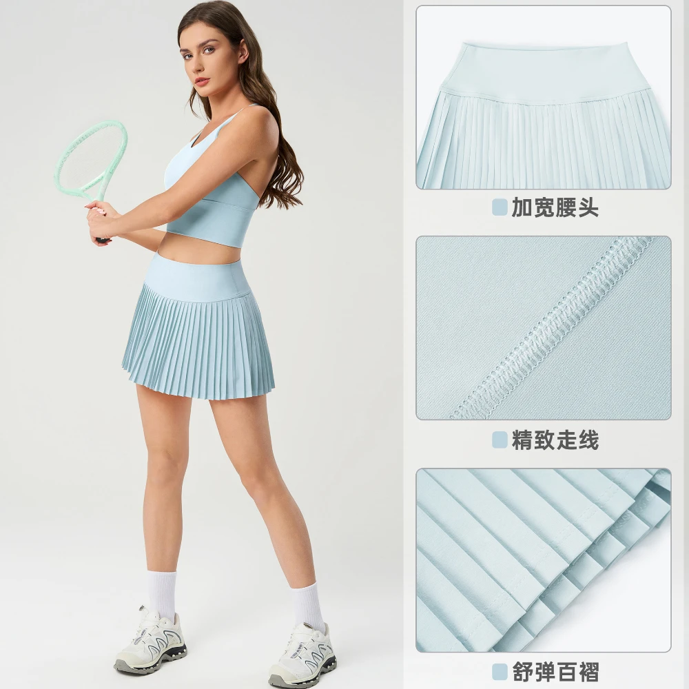 새로운 여성 스포츠 테니스 Skorts 높은 허리 스타킹 요가 테니스 반바지 스커트와 주머니 솔리드 Pleated 미니 스커트 Anti-Exhaust