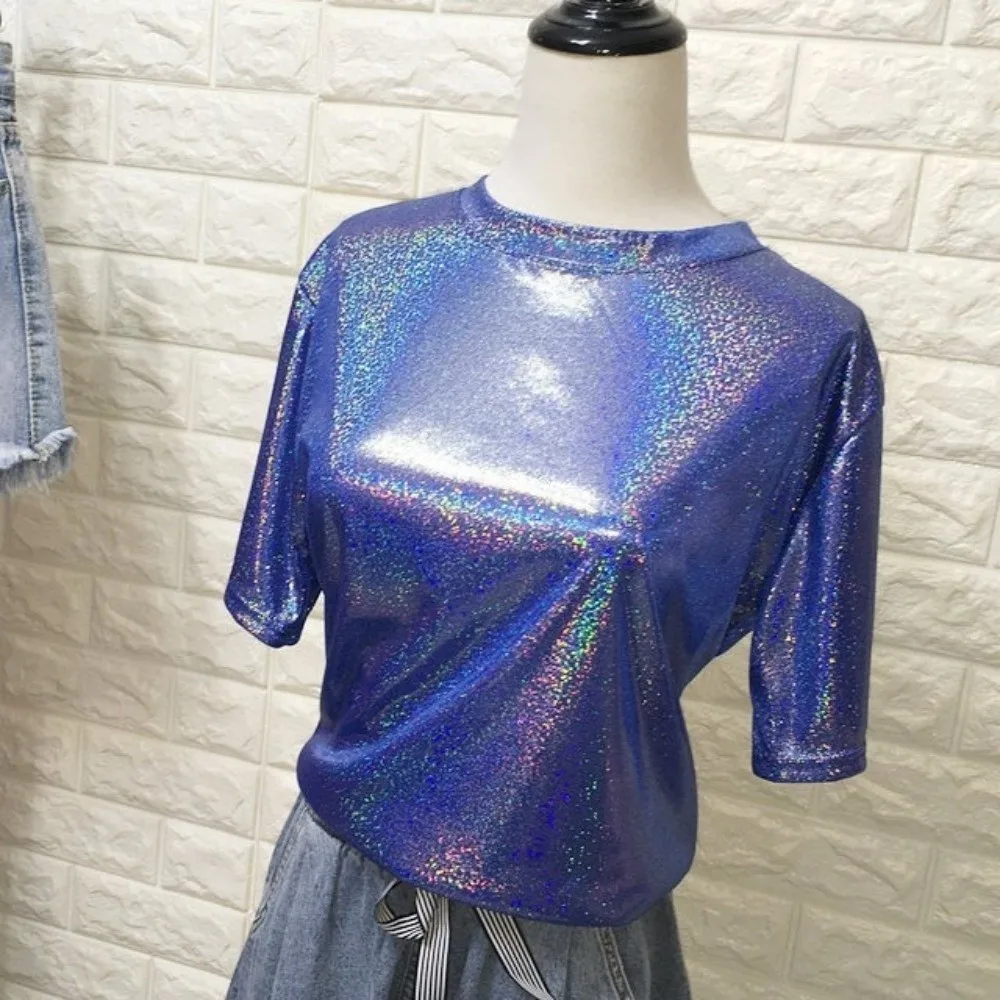 Fashion Summer T-shirt Shiny Loose Short Sleeve Tshirt Bright Silk Harajuku Dance Wear Club