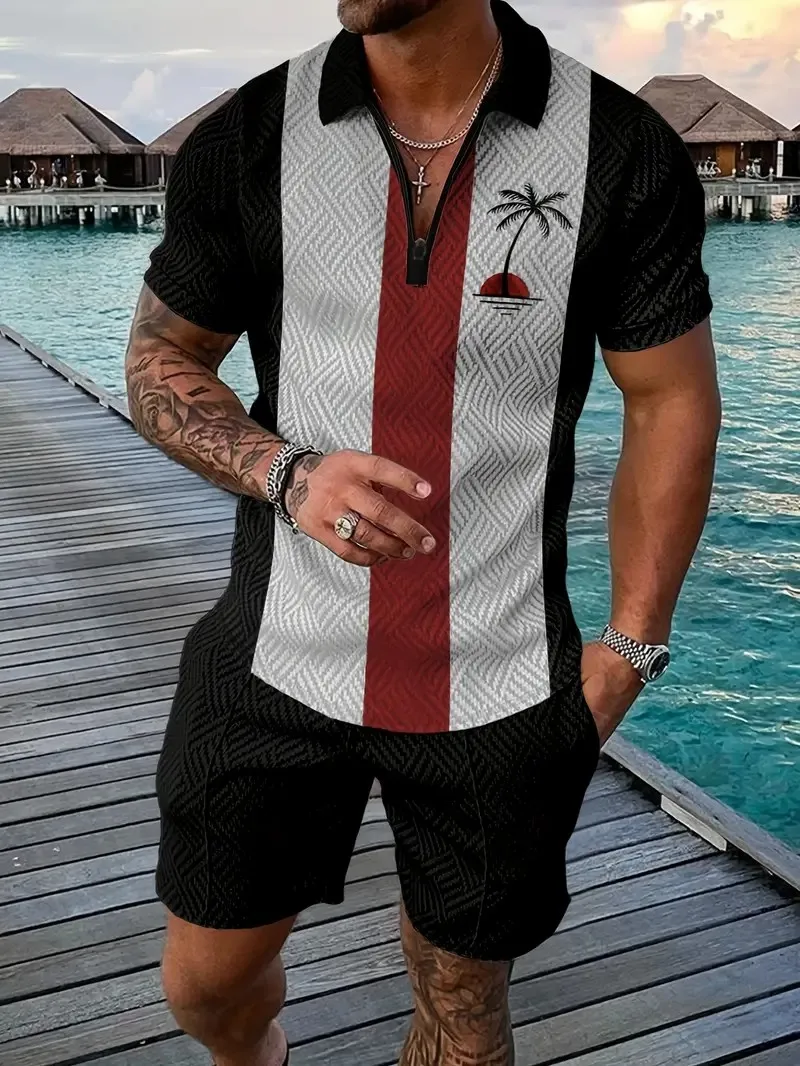 New Hawaiian Style Men's Suit Print Polo Shirt Short Sleeve Shorts Set Men's Casual Oversized Short Sleeve Shirt Shorts Set