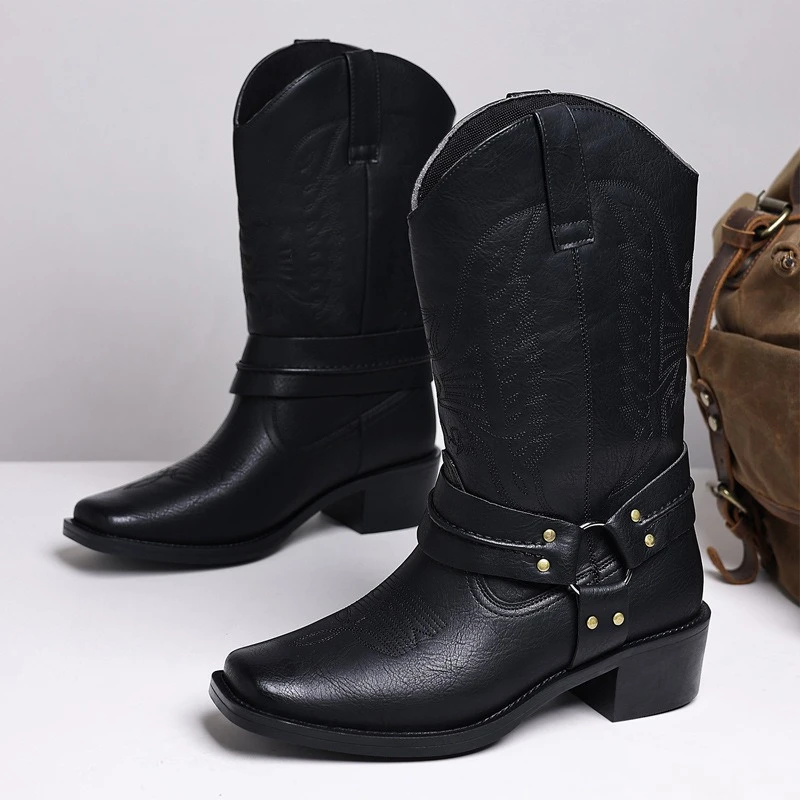 Men's Boots Retro Embroidered Western Cowboy Boots Fashion Men Motorcycle Locomotive Boots Mid-calf Leather Boot Botas Masculino