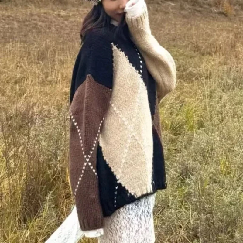 Argyle-Strickpullover für Damen, Farbblock-Pullover mit Rundhalsausschnitt und langen Ärmeln, warme Strickwaren im Retro-Stil für Herbst-Winter-Shirts