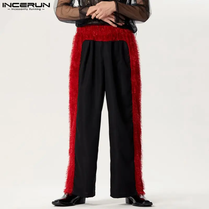 

Men Pants Plush Patchwork Elastic Waist Loose Streetwear Straight Trousers Men 2024 Joggers Fashion Casual Pantalon 5XL INCERUN