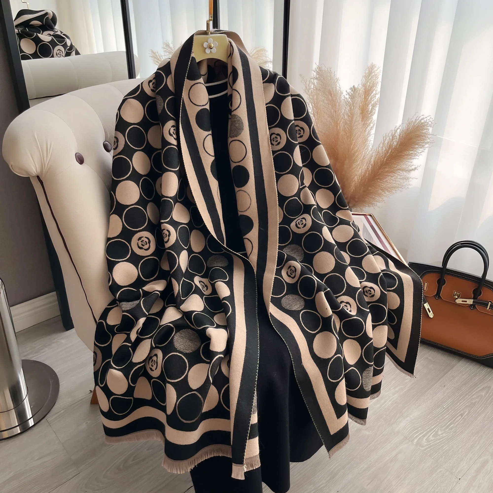 Double Sided Dot Printing Tassel Scarf Mature Imitation Cashmere Warm Shawl Autumn Winter Office Coldproof Windproof Wrapped Sca