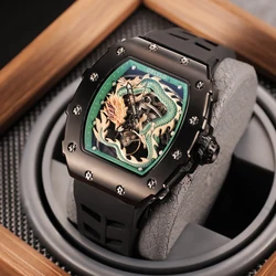 OBLVLO Luxury Green Dragon Self-winding Mechanical Watch PVD Tonneau Skeleton Rubber Strap Automatic Sport Watch Reloj XM-DRAGON