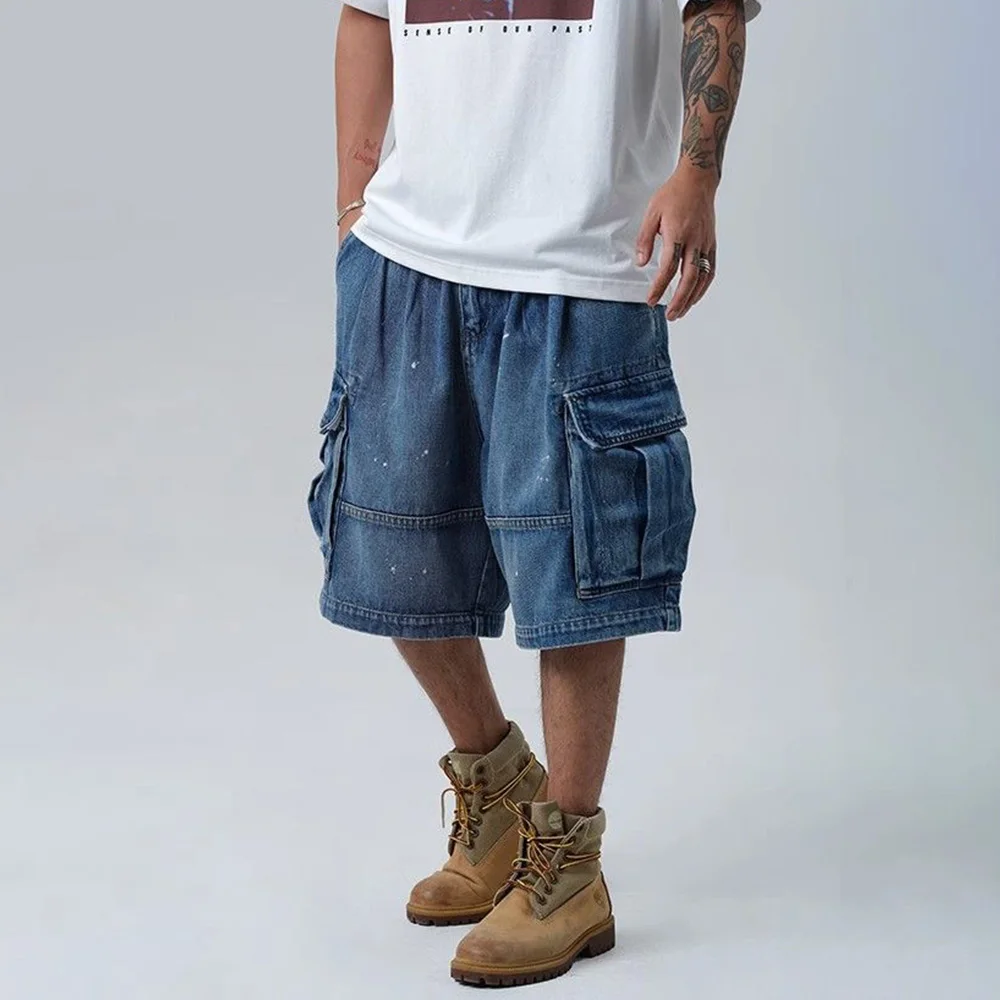 Shorts jeans de bolso múltiplo Y2k masculino, calças retas soltas de perna larga de cinco pontos, tendência da moda verão, 2024