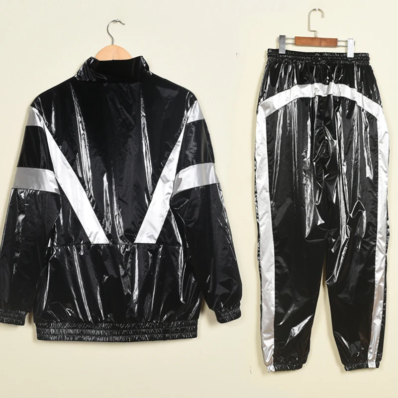 Glossy Silver Black Sports Suit Women Men Two-piece Set Shiny Plus Size Dance Stage Hip Hop Streetwear Long Sleeve Jacket Pants