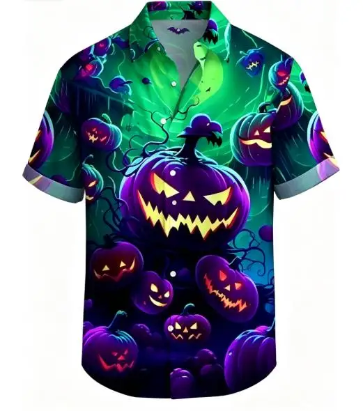 Men Halloween Scary Pumpkin Short Sleeve Shirt Glowing Jack‑o‑lantern Print Turn‑Down Collar Party Shirts