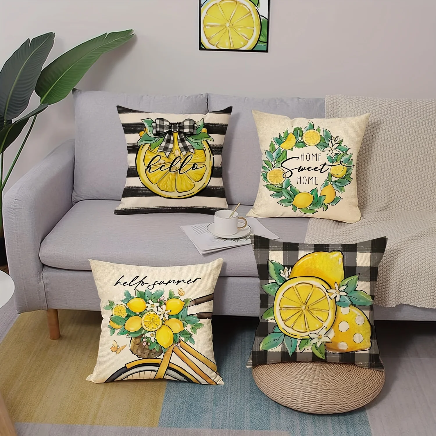 4PC Cute Lemon Slice Summer Throw Pillow Covers Set for Sofa Couch Decor Home Accent Cushion