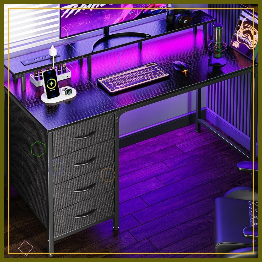 47-Inch Gaming Desk with LED Lights, Power Outlets & 4 Drawers - Compact Office Desk for Small Spaces