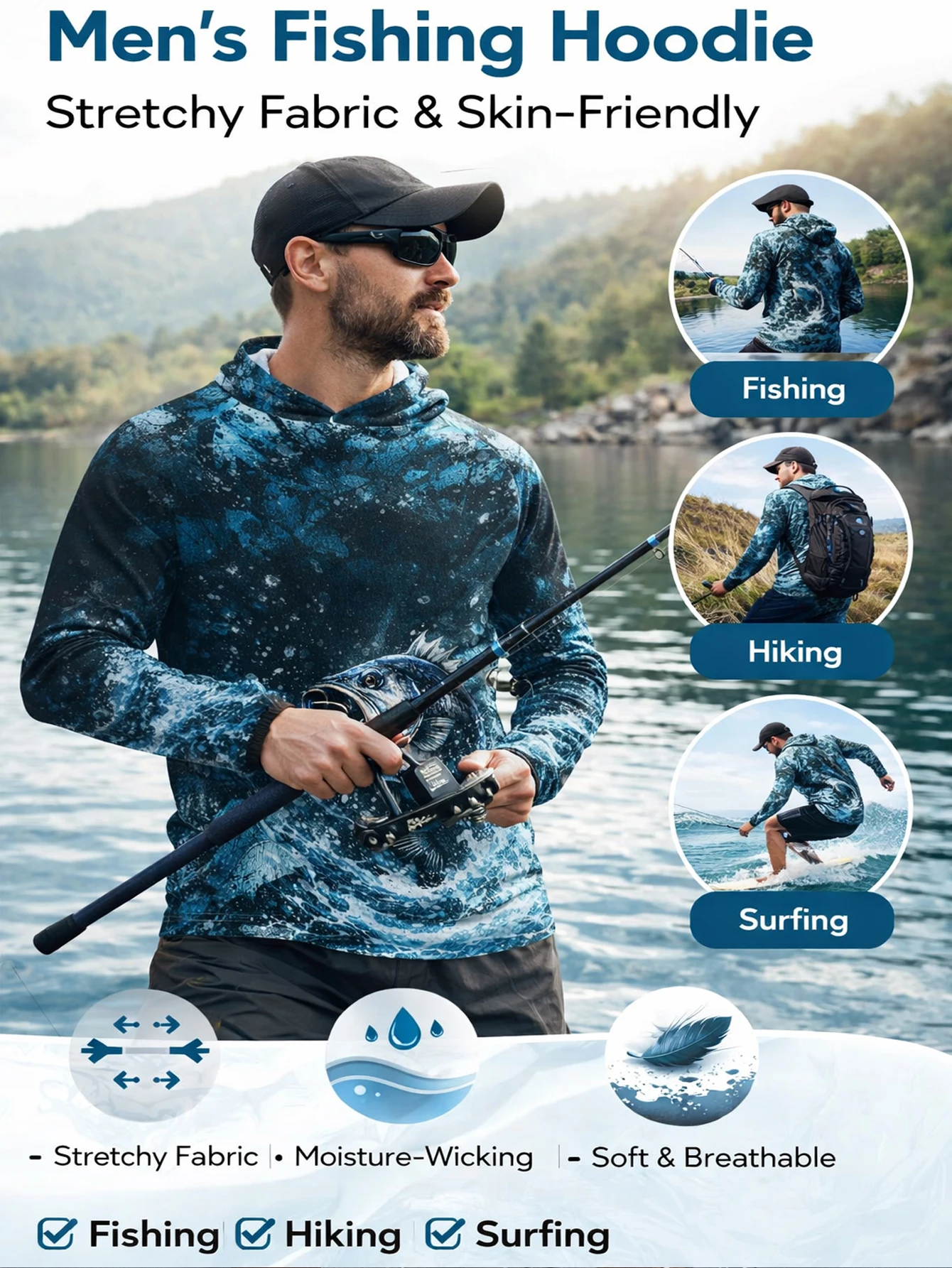 Anglerhemd mit Kapuze, UPF 50+ UV-Schutz, schnelltrocknend, atmungsaktiv, feuchtigkeitsableitend, Outdoor-Jersey, Angelbekleidung