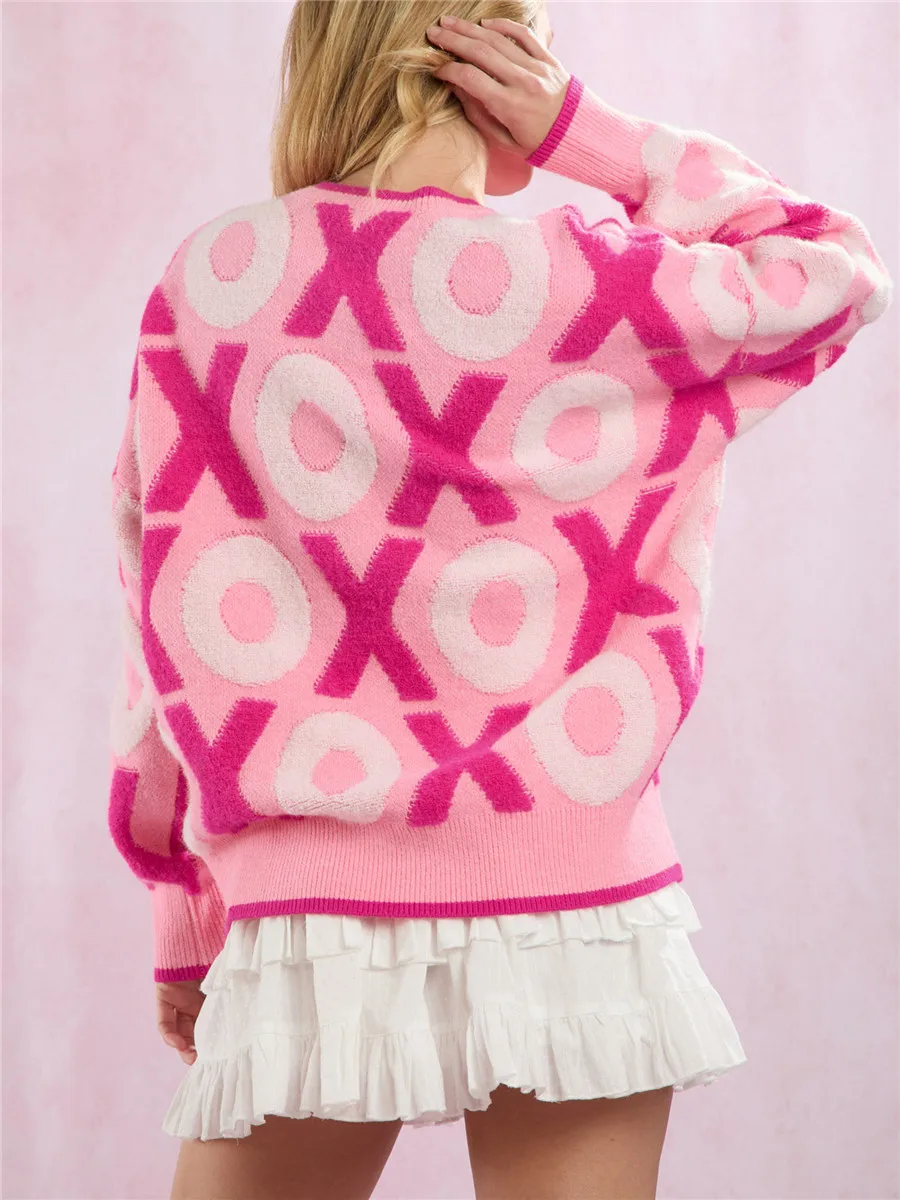 Women\'s Valentine\'s Day Knit Sweater Sweet Letter Heart Jacquard Long Sleeve Round Neck Pullovers Tops Autumn Spring Knitwear