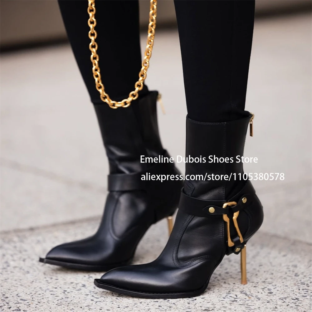 Snake Print Leather High Heel Ankle Boots Gold Metal Decor Stilettos Thin Heel Buckle Zipper Bootie Sexy Party Club Women Shoes