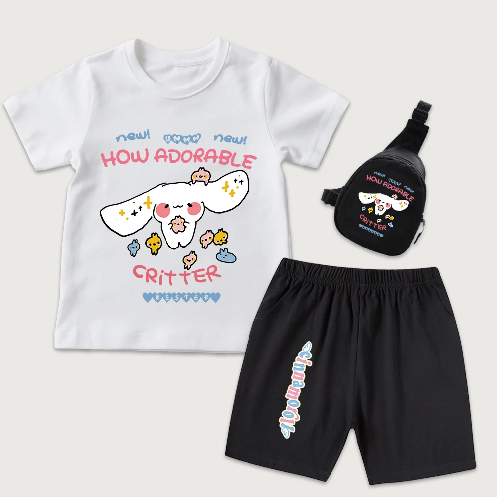 

Детская хлопковая футболка с принтом Cinnamoroll Adorable Critters, шорты, мини-сумка на грудь, комплект из 3 предметов для мальчиков и девочек, летняя одежда