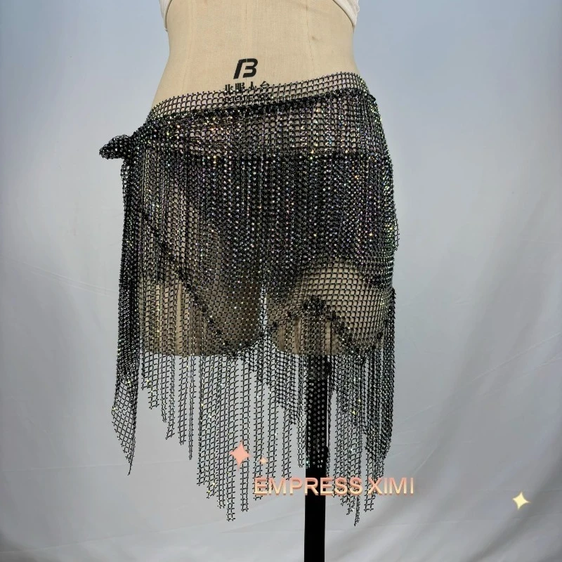 Aangepaste nieuwe buikdanskostuums mesh diamant taille ketting taille sjaal volledige diamant kwastje heupsjaal cloud exotische danskleding
