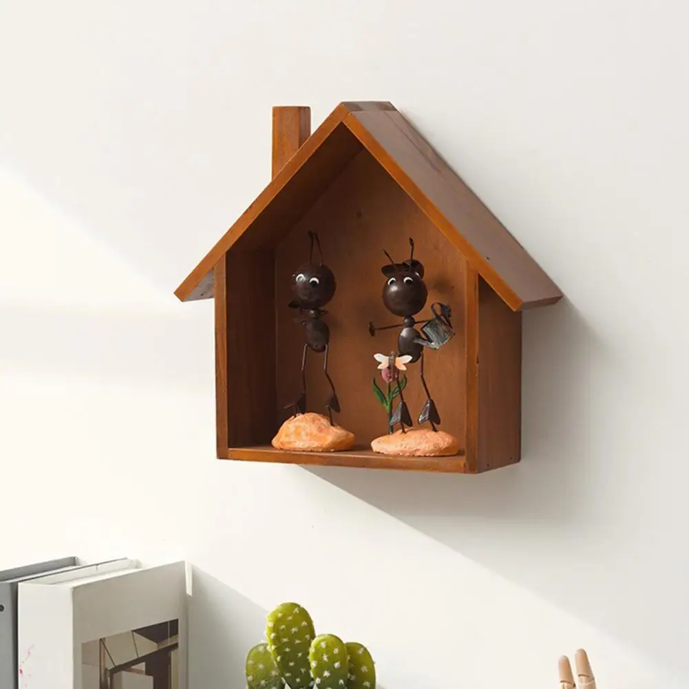 Rustic Wood House Wall Display Shelf, Wall Mounted Decorative Floating Shelf, Small Toys Dolls Organizer For Entryway, Living Ro