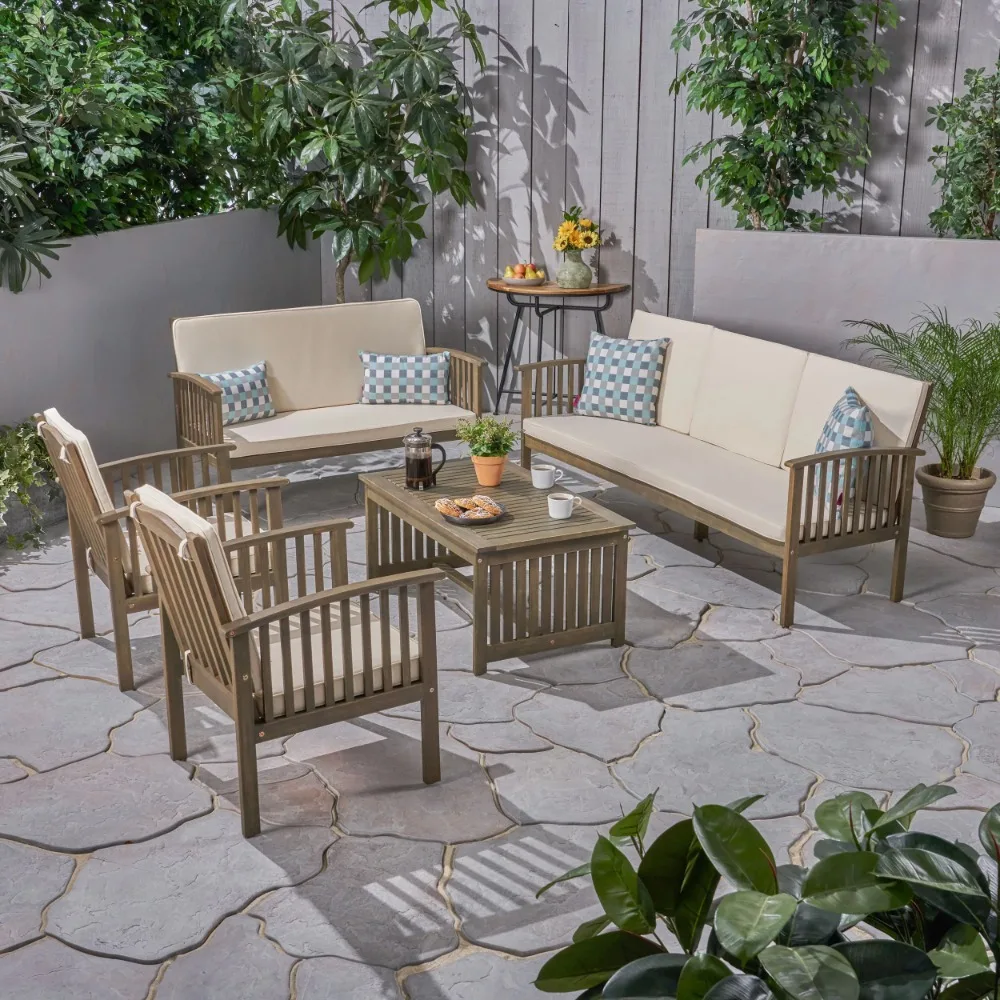 

5 Piece Outdoor Acacia Wood Conversation Set Outdoor Patio Furniture 100% Polyester Water Resistant Fabric Simple and Elegant