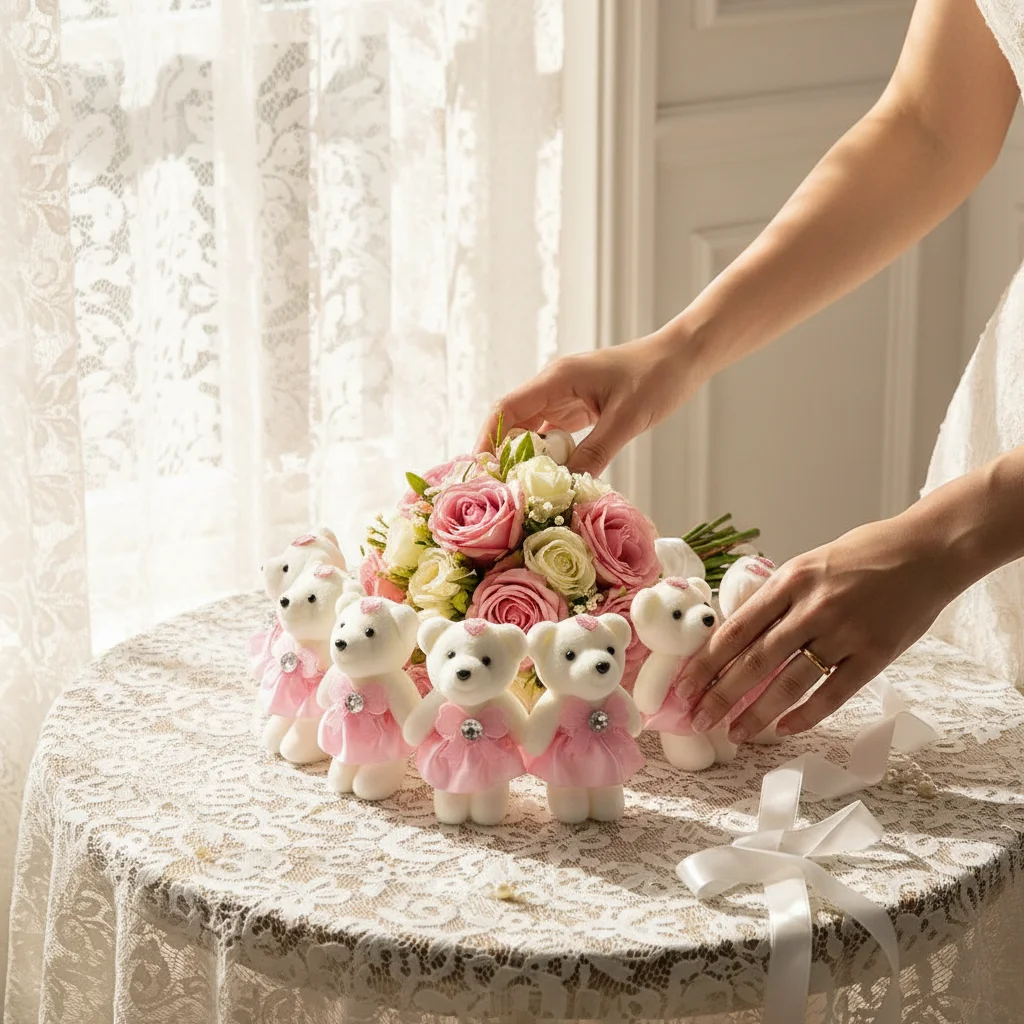 10Pcs Plush Animal Bear Toy With Pink Skirt & Shiny Rhinestone For Wedding Party Floral Arrangement & DIY Souvenir Decoration
