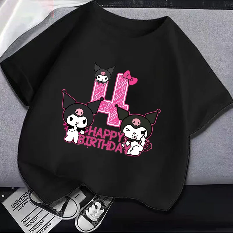 Sanrio Kuromi Children\'s T-shirt Cotton Cartoon Character Figure Black White T-shirt Cute Short Sleeve Boy Girl Loose Clothing