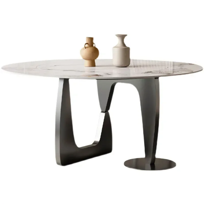Italian light luxury rock slab dining table high-end embedded turntable designer luxury stone bright rock slab