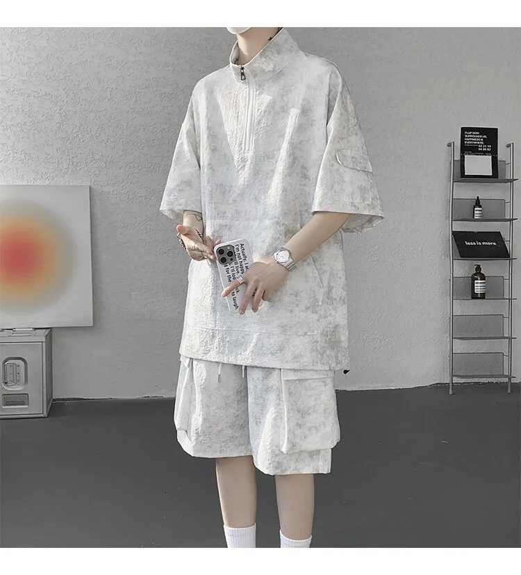 2026 Sommer Hong Kong Style Halb-Reißverschluss-Färbe-Set aus Eisseide mit Kühlfunktion, zweiteiliges Sportswear-Outfit im Hanfu-Stil mit kurzen Ärmeln – Detail 8