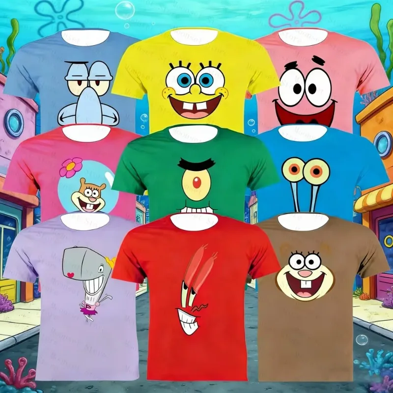 Kids SpongeBob Face T Shirt Patrick Squidward Mr Krabs Sandy Gary Cartoon Print Short Sleeve Tee Unisex Summer Casual Tops