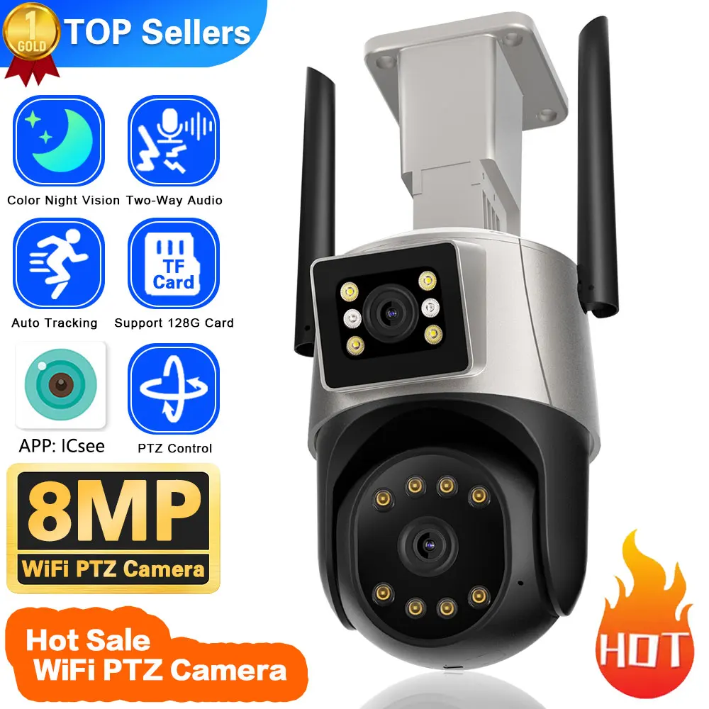 

8MP 4K HD Dual Lens Wifi Camera IP66 Security Protection 4MP Wireless Outdoor Human Detection Video Surveillance PTZ ICSee