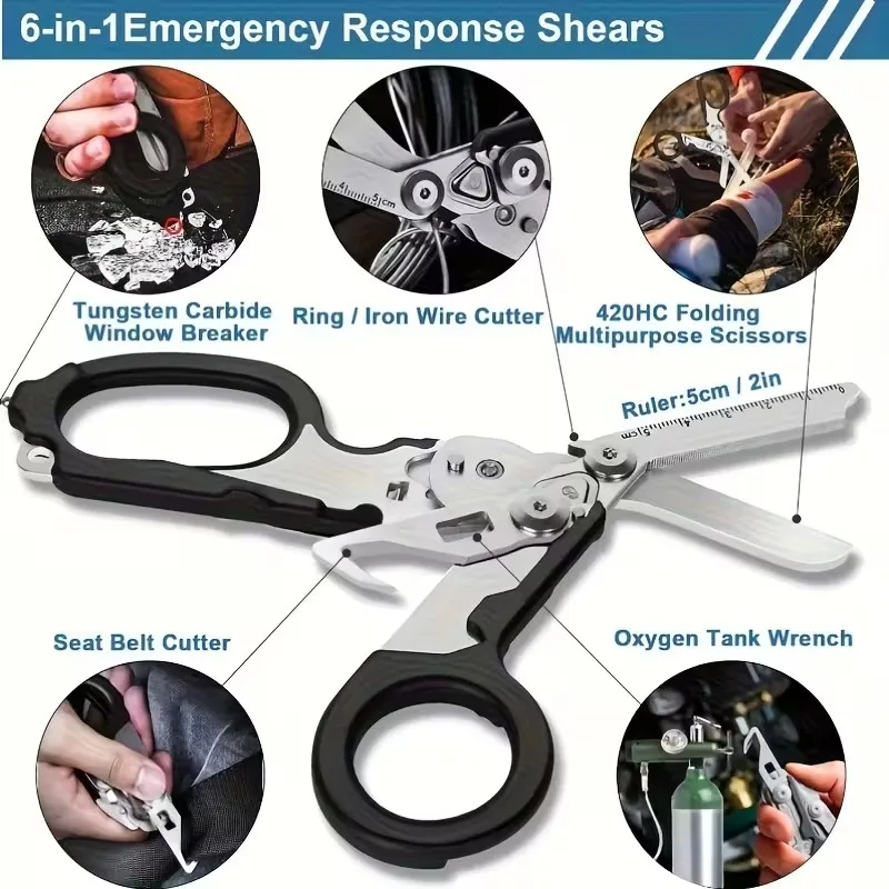 SSUNTAK 6in1 Emergency Response Shear-Foldable Tactical Scissor with Window Breaker,Seat Belt Cutter for First Aid,Survival Tool