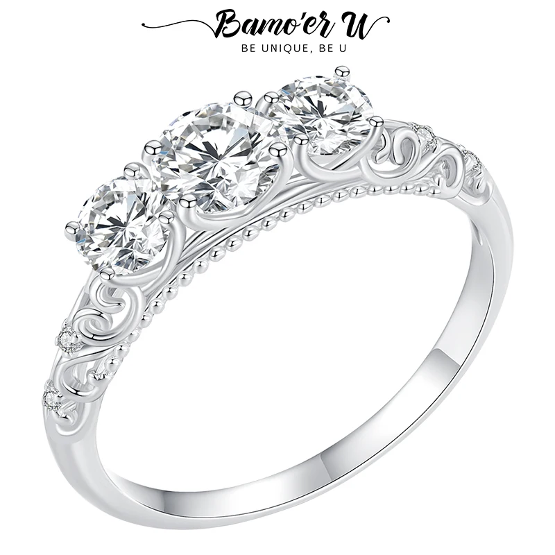 Bamoer U Moissanite Lace Ring 925 Sterling Silver 3-stone Lotus Ring D Color VVS1 EX Sparkling Diamond for Women Engagement GRA