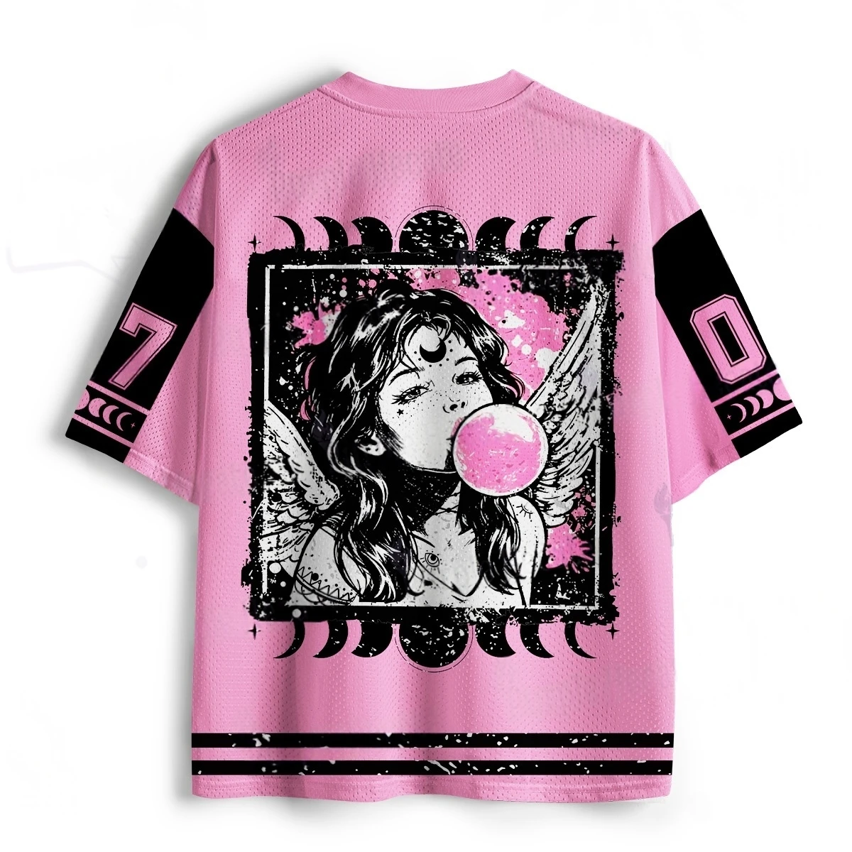 Gothic Angel Bubble Gum Jersey Pink Black Moon Phase Printed Mesh V-neck T-shirt Adult and Children's Y2K Casual Top