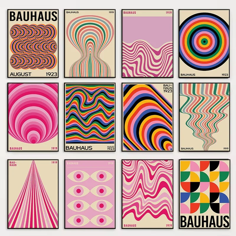 Bauhaus Spectrum Collection Poster Abstract Pink Stripes Mid Century Canvas Painting Wall Art for Living Room Home Decor Mural