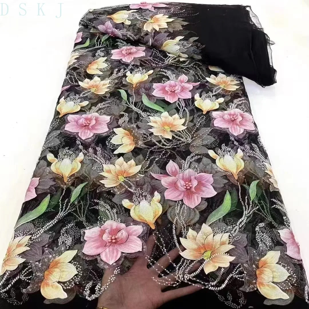 

French fashion design fabric Africa Nigeria high quality hand-embroidered lace fabric silk beads women's wedding dress