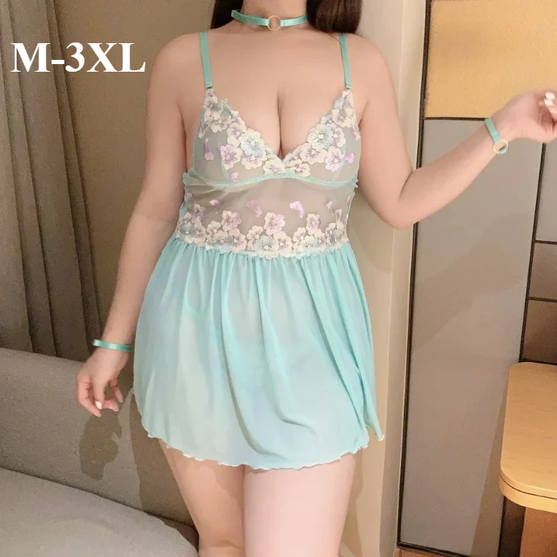 

Эротическая ночная рубашка больших размеров с вышивкой, сетчатое прозрачное нижнее белье, Тедди, куклы со стрингами, прозрачное мини-платье для ролевых игр