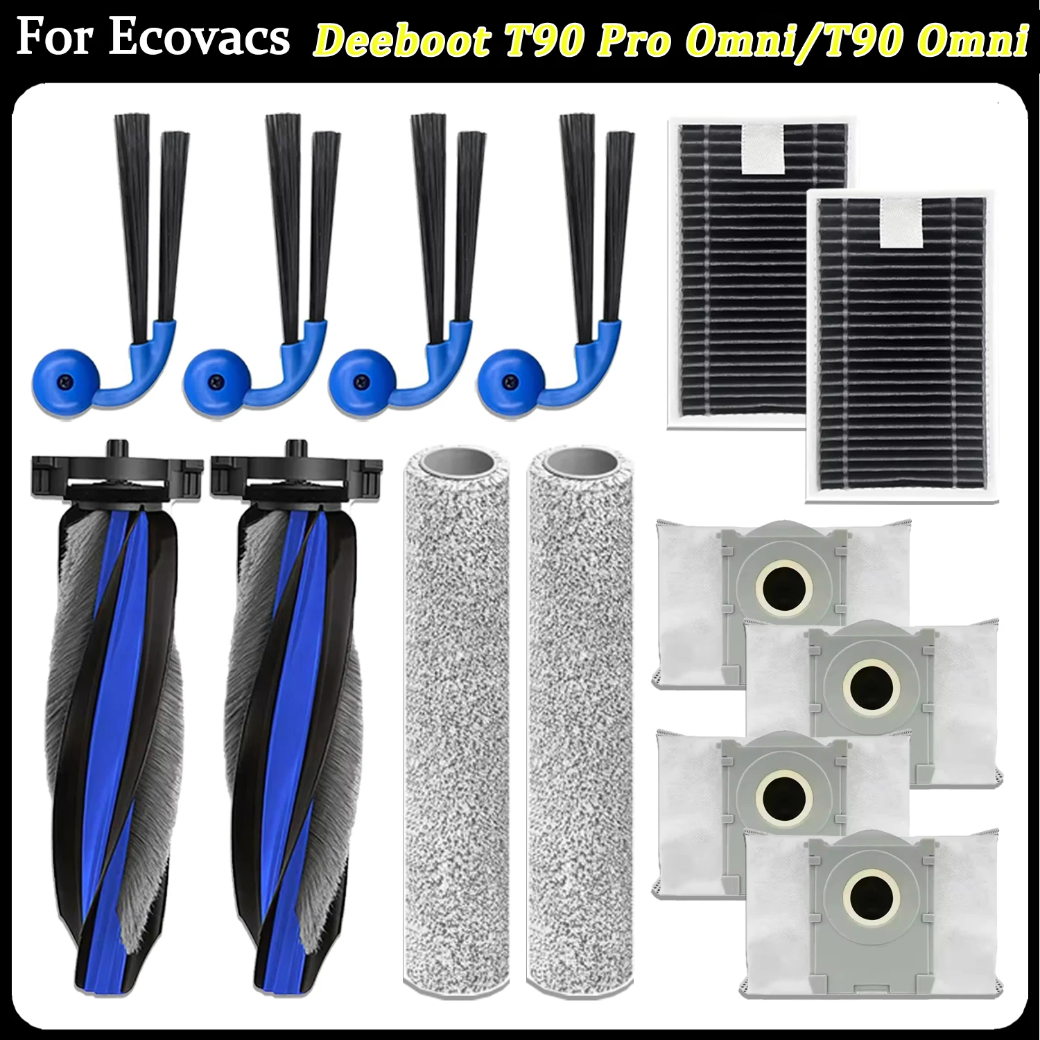 Kit d'accessoires pour aspirateur robot Ecovacs Deebot T90 Pro Omni/T90 Omni, brosse principale, filtre, serpillière à rouleaux, brosse latérale, sacs à poussière