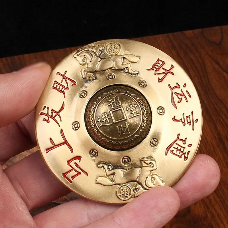 Lucky Wealth Brass Mahjong Rotary Toy Desk Decor FengShui Hand Ornament Metal Stress Relief Rotation Decoration Collectible Gift