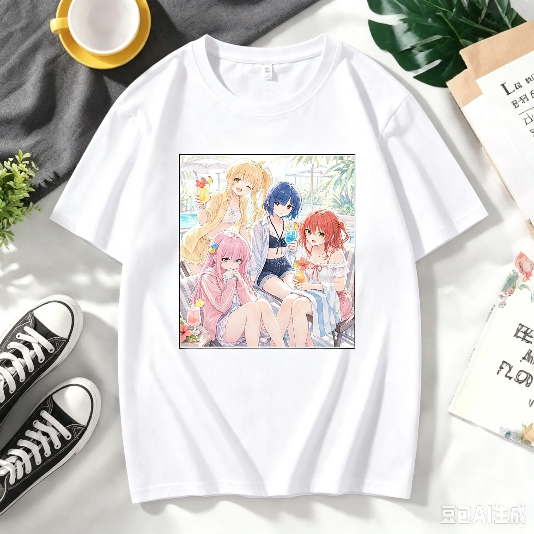 Unisex Casual Crew Neck Hitori Gotoh, Nijika Ijichi, Ryo Yamada and Ikuyo Kita Summer Pool Bocchi the Rock!T-Shirt