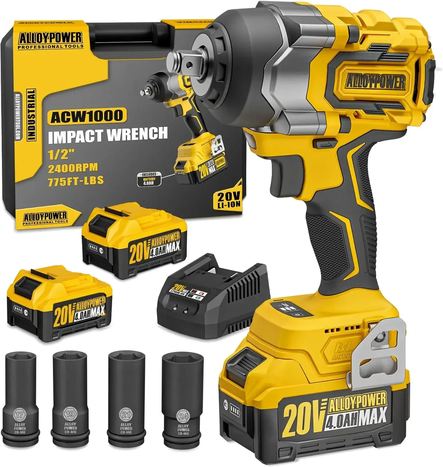 

ALLOYPOWER Cordless Impact Wrench, 775 ft-lbs (1050N.m) High Torque Impact Wrench,1/2 Power Impact Wrenches Brushless,