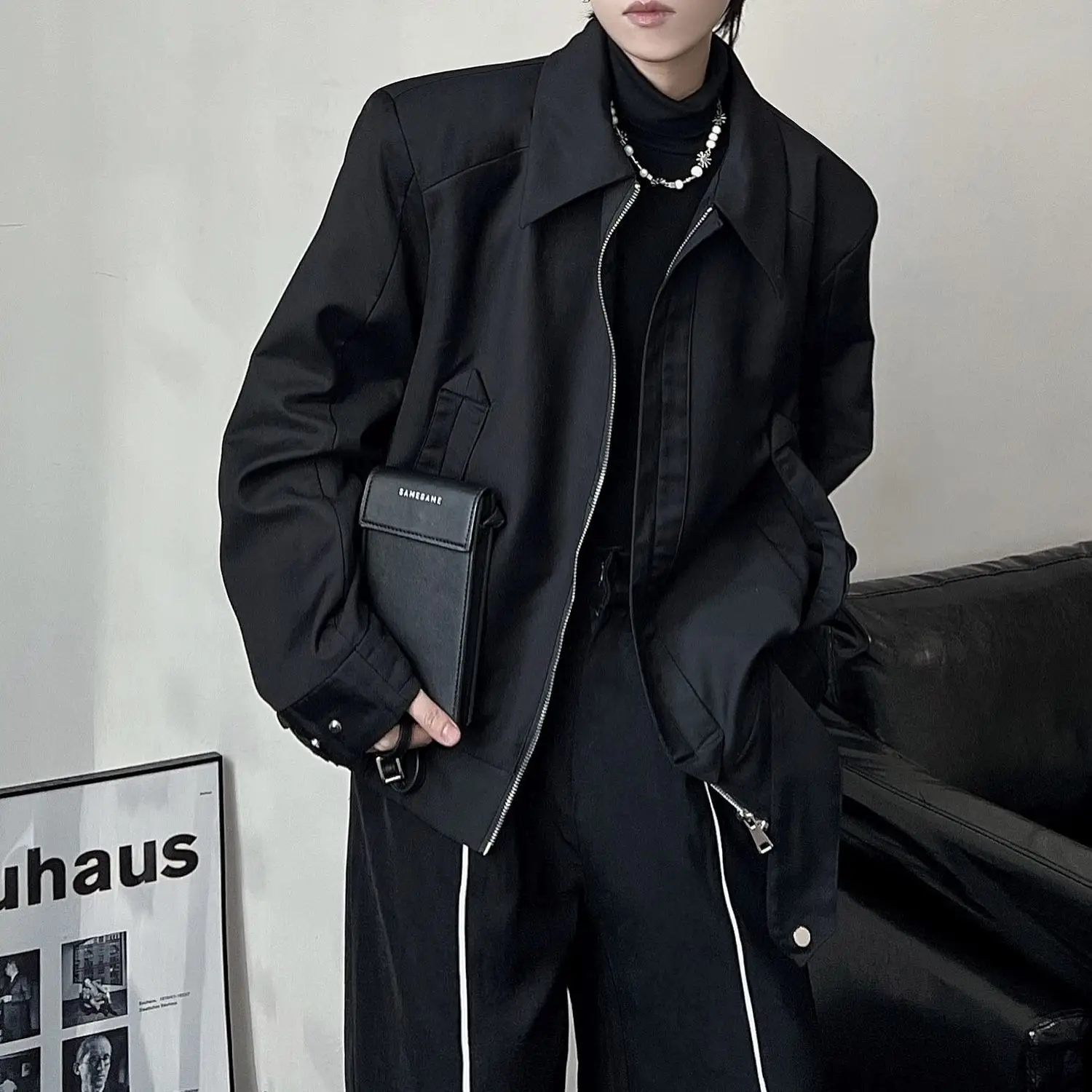 2024 Autumn New Korean Fashion High-end Design Black Jackets for Men Oversized Loose High Street Bomber Jacket Men Coats