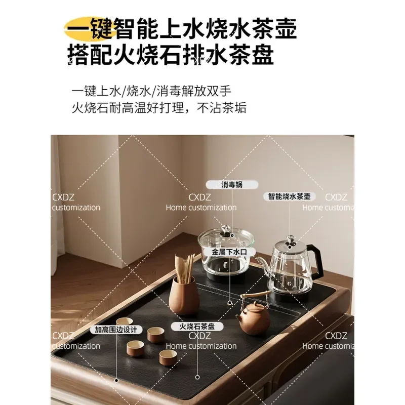 Movable Solid Wood Coffee Table with Tea Tray Integrated Living Room Side Cabinet Trolley for Small Apartment Ancient Style